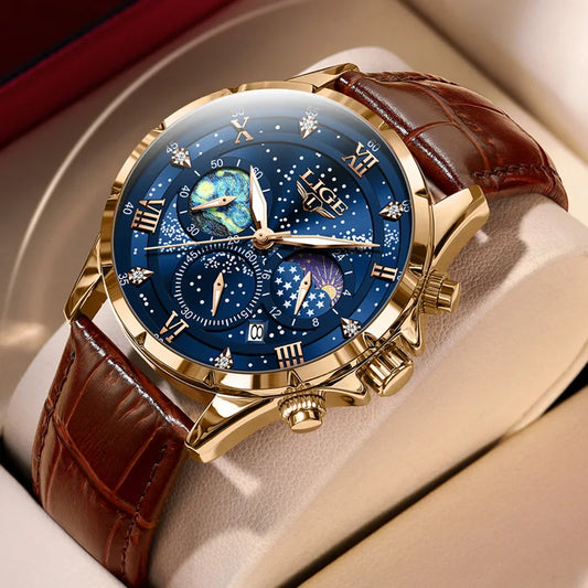 LIGE Creative Mens Watches The Starry Night Paintings Dial Quartz Wristwatches Luminous Star Moonswatch  Watch Men Chronograph